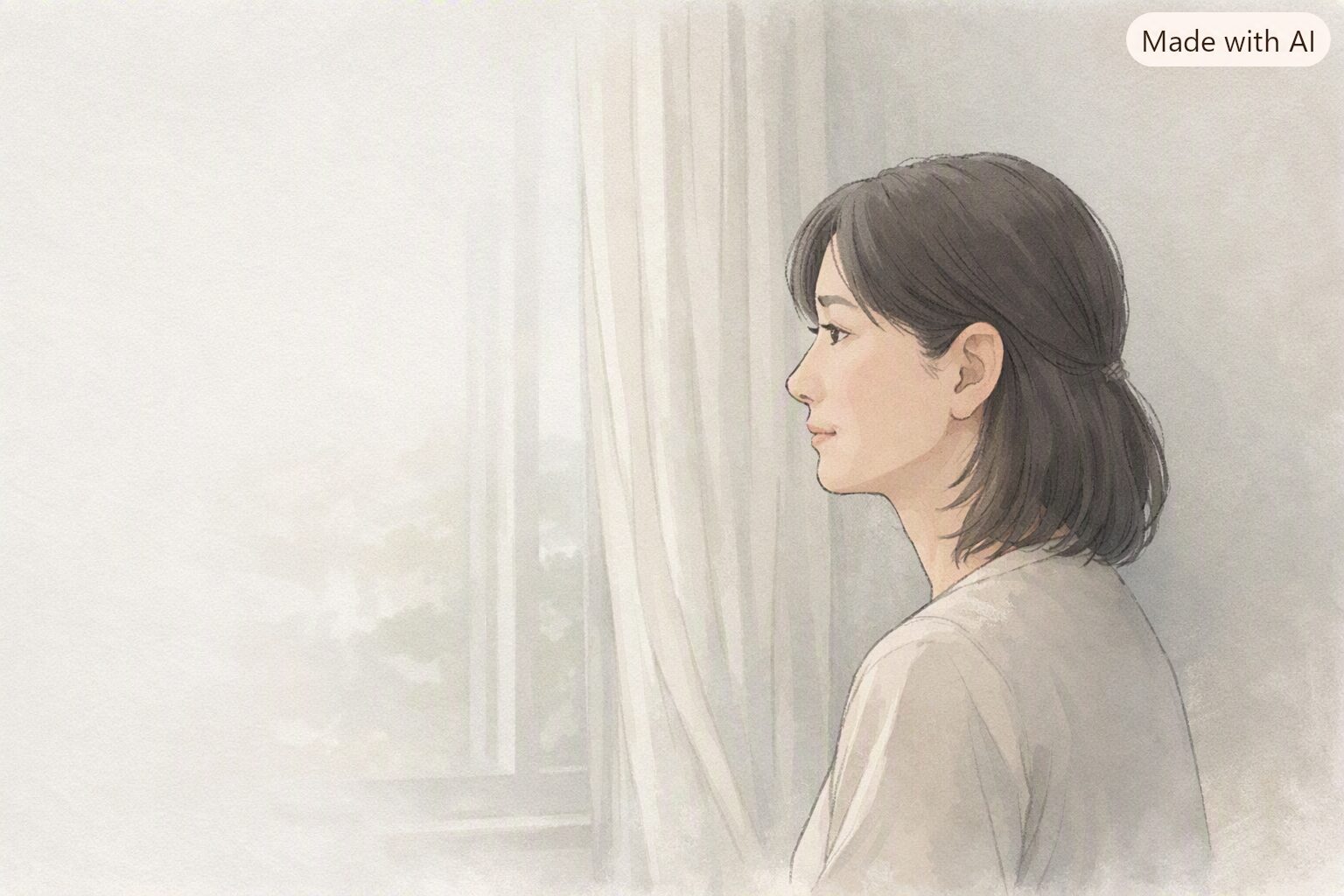 大学進学した長男を案じる母親が、柔らかな光の差す窓辺で静かに遠くを見つめているセミリアルタッチのイラスト。低彩度のベージュと薄グレーを基調とした落ち着いた雰囲気で、半身の横向き構図。