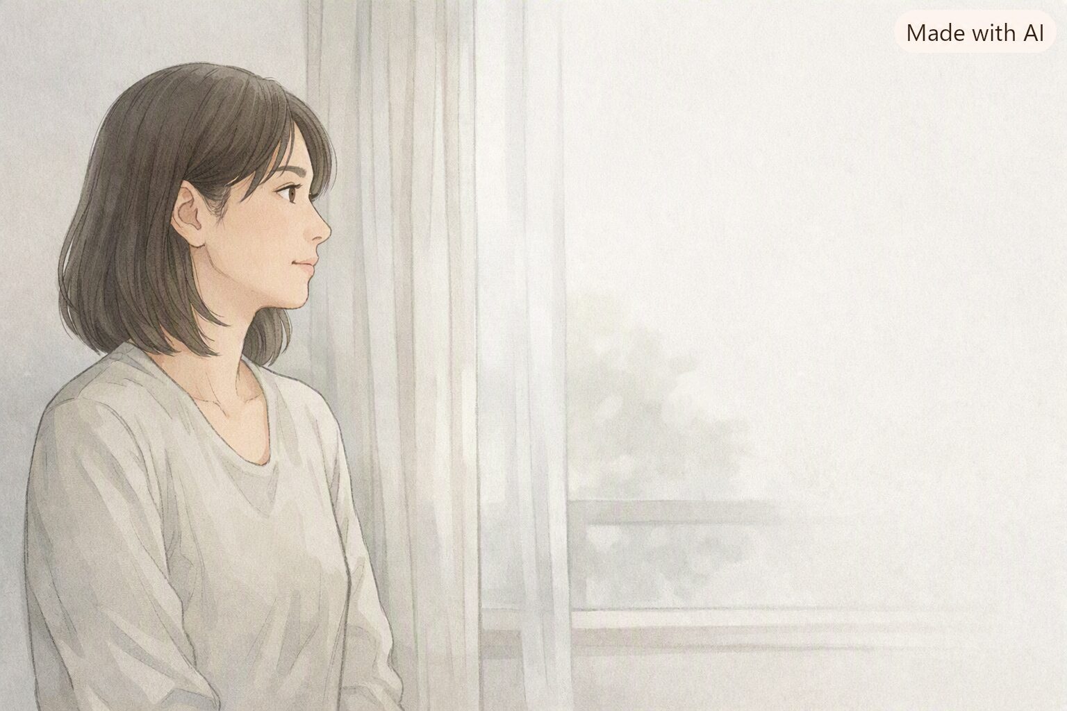 窓の外を静かに見つめる40代女性の半身イラスト。低彩度のベージュと薄グレーを基調とした落ち着いた雰囲気で、柔らかな光が差し込む室内に佇む姿を描いたもの。